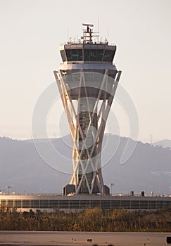 View of the control tower of El Prat airport in Barcelona. Catalonia