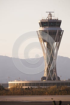 View of the control tower of El Prat airport in Barcelona. Catalonia
