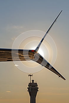 View of control tower at sunset