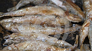 View of cooking frying capelin fish in iron pan. Grilled caplin fish - popular Japanese dish, can be enjoyed as an