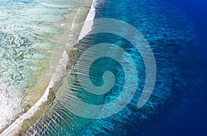 View on the coral reef. Azure water background from top view. Summer seascape from air.