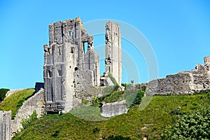 View of Corfe castle on the hilltop, Corfe.