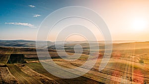 view of corn fields, beautiful hills landscape with drone photography