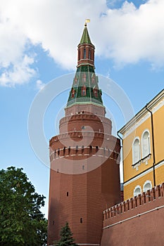 View of the Corner Arsenal tower of the Moscow Kremlin on a clear Sunny day