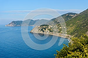 View of Corniglia from Manarola. Cinque Terre. Italy