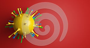 View of Coronavirus under microscope isolated on red background. Corona virus outbreaking. 3D illustration.