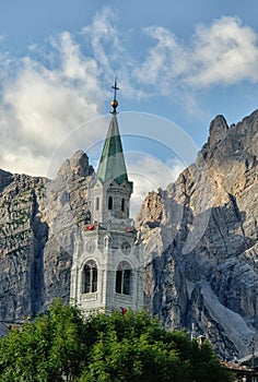 View from Cortina d Ampezzo, hotels and church, Gruppo Tofana or photo