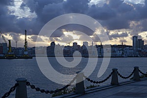 View of CoruÃ±a city on sunset