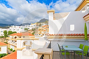 View of Costa Adeje town and mountains from holiday apartment, Tenerife, Canary Islands, Spain