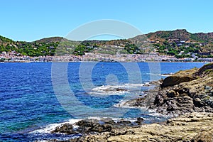 View of the Costa Brava with its mountainous landscape by the sea on a summer day, Port de la Selva, Girona. photo
