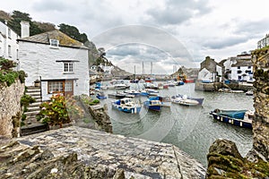 View between cottages, at the historic fishing harbour of Polperro, Cornwall