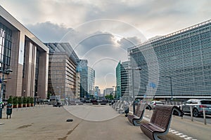 View between Council of the European Union and Berlaymont, European Commission headquarters buildings at sunset time