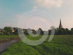 View of countryside and church near Kidwelly