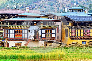 View of countryside village and rice field at Punakha , Bhutan