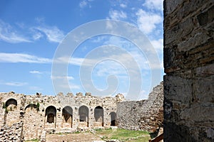 View from courtyard to outer wall of Patras fortress in Greece