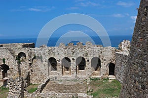 View from courtyard to outer wall of Patras fortress in Greece