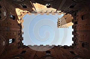 View from courtyard of Torre del Mangia and Palazzo Pubblico Siena