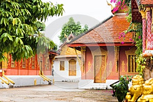 View of the courtyard of the Wat Sensoukaram temple in Louangphabang, Laos. Copy space for text.