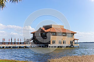 View of cozy Pavilion at lake Dora in Tavares, Florida, USA photo