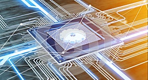 CPU processor chip with a gear and network connection on a circuit board - 3d render