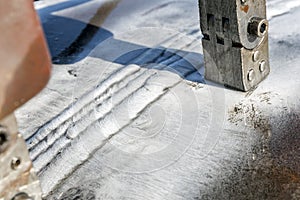 View of the crack between weld metal and base metal  heat affected zone, haz and magnetic particle inspection.