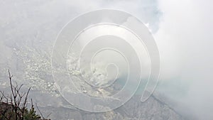 A view into the crater of the active Kawah Ijen volcano where the acid lake is located