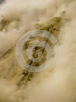 View on the crater of the Ijen volcano in Indonesia, a sulfur mine and toxic gaz