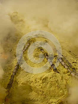 View on the crater of the Ijen volcano in Indonesia, a sulfur mine and toxic gaz