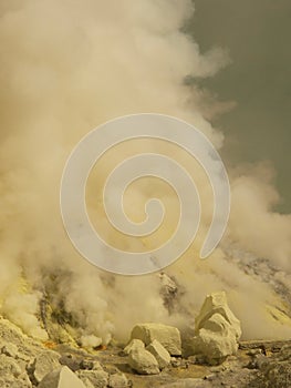 View on the crater of the Ijen volcano in Indonesia, a sulfur mine and toxic gaz