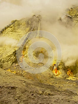 View on the crater of the Ijen volcano in Indonesia, a sulfur mine and toxic gaz