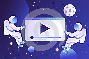 View and create video content. Two astronauts in space. Night sky. Vector