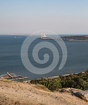 View of the Crimean bridge from Mount Mitridat in Kerch in summer