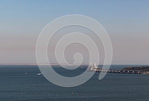 View of the Crimean bridge from Mount Mitridat in Kerch in summer