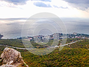 View of the Crimean mountains and the Black sea coast in Crimea
