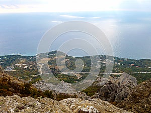 View of Crimean mountains and the Black sea coast at autumn in Crimea