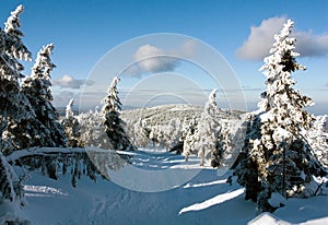 View of crosscountry skiing way and mount Serak