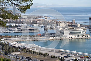 View of cruise ship port of Barcelona, Catalonia, Spain. Vacation, transportation and travel concept
