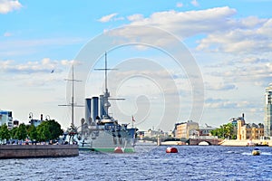 View of the cruiser Aurora, moored at the Petrograd embankment i photo