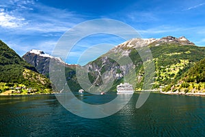 View of Cruiseships and Majestic Mountains at Geiranger Fjord in Summer