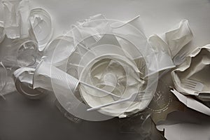 View of crumpled plastic cups, plates