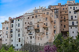 View at the Cuenca Hanging Houses, Casas Colgadas, iconic architecture on Cuenca city