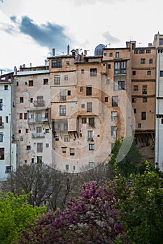 View at the Cuenca Hanging Houses, Casas Colgadas, iconic architecture on Cuenca city