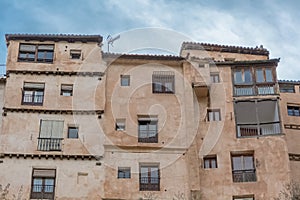 View at the Cuenca Hanging Houses, Casas Colgadas, iconic architecture on Cuenca city