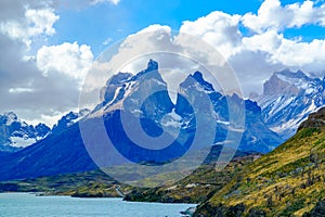 View of Cuernos Del Paine at Lake Pehoe photo