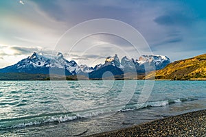 View of Cuernos del Paine mountains and Pehoe Lake in the evening