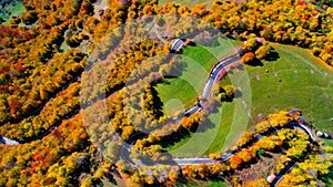 View of curvy road in beautiful autumn forest . Top view of roadway with autumn colors. European roads