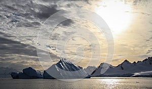 View on Cuverville Island`s bay with huge Icebergs, Antarctica