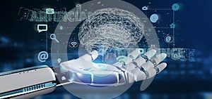 Cyborg hand holding a artificial intelligence concpt with a brain and app 3d rendering photo