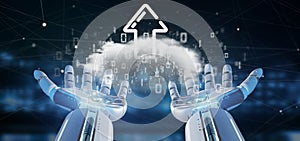 Cyborg holding a Binary cloud with upload internet arrow 3d rend