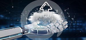 Cyborg holding a Binary cloud with upload internet arrow 3d rend